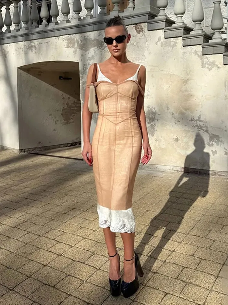 Sheer Mesh Overlay Spaghetti Strap Midi Dress Waist Cinched Sleeveless 2026 Summer Women Accessories Trendy Classy Lady Outfits — image 1