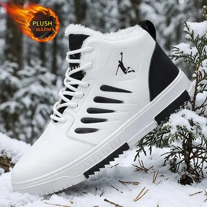 Men Winter Fleece Lined High‑top Sneakers Lace‑up Leather Upper Non‑slip Sole Warm Casual Skate Shoes For Daily Wear