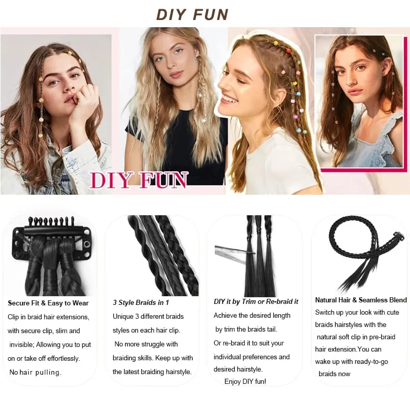 2Pcs Clip‑in Y2K Boxer Braid Ponytail One Clip Three Braids Long Synthetic Fake Hair Extensions For Women