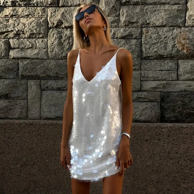 Beach Sequin Short Women Dress Loose Deep V-neck Sleeveless Backless Spaghetti Strap Sundress 2026 Summer Solid Glitter Dresses — image 10