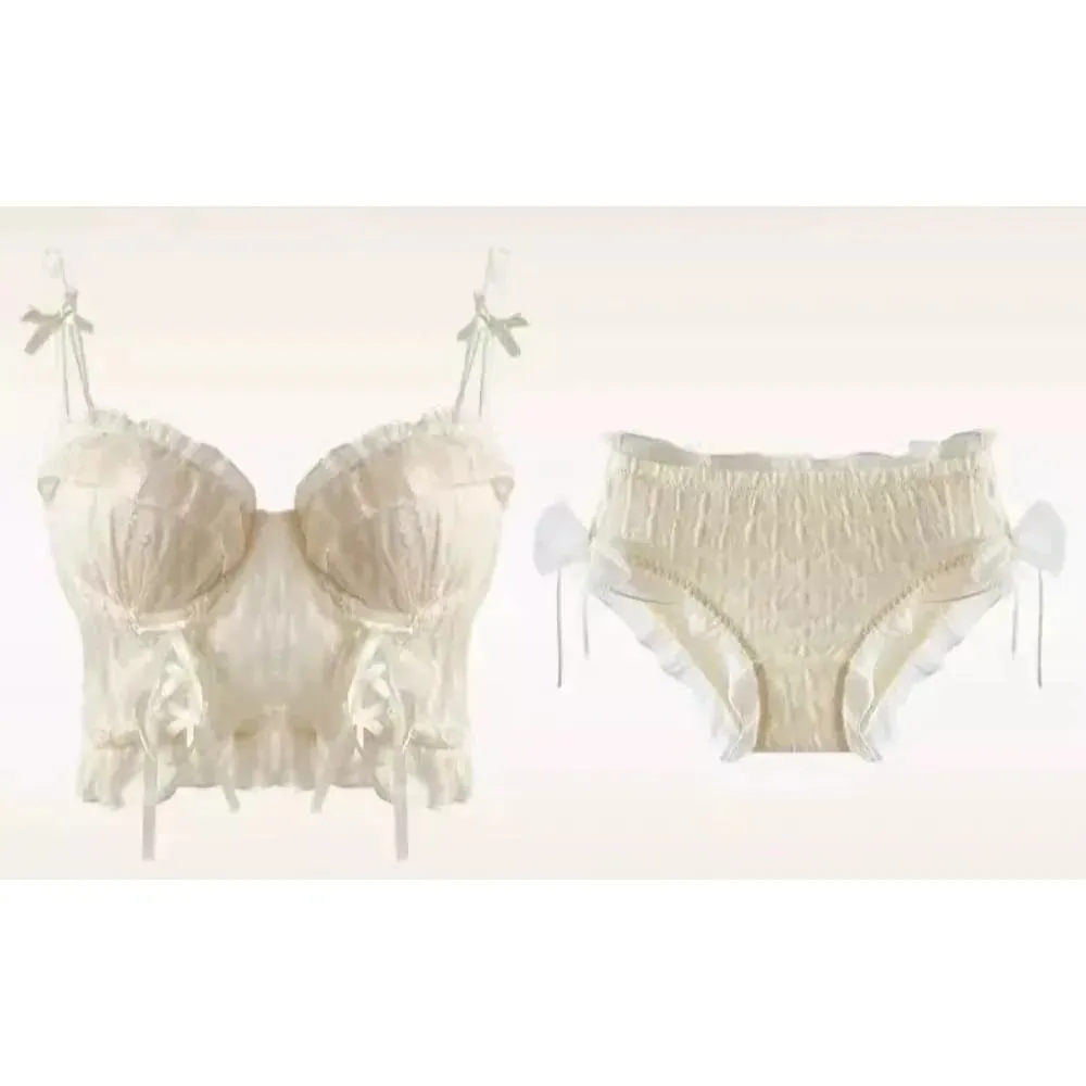 Sweet Lace Push Up Bra Set For Lady Small Bust Ruffle Mesh Cross Bandage Strappy Sexy Pure Desire Lingerie Underwear