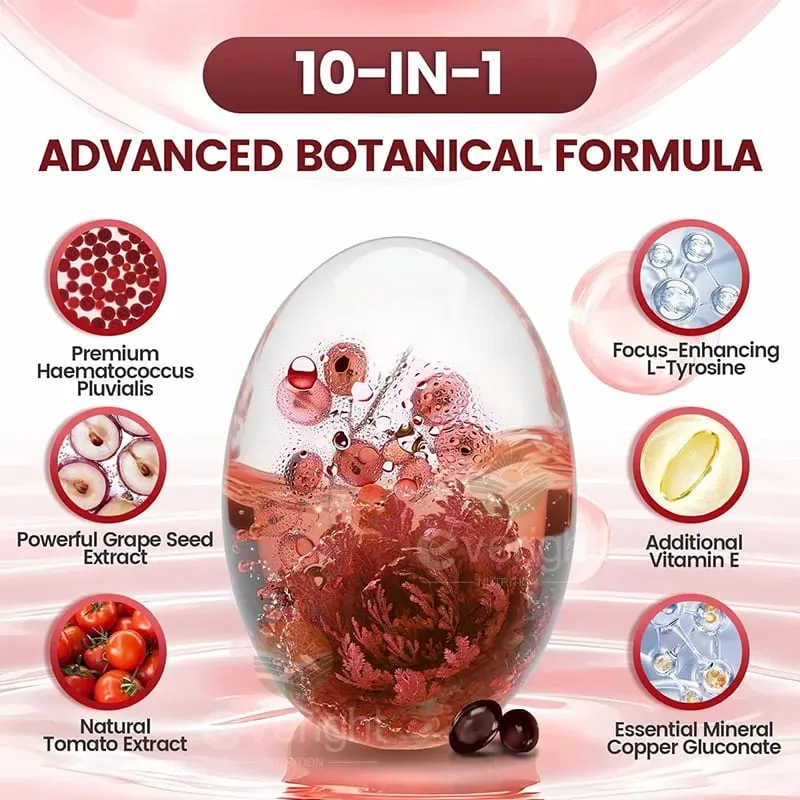 Astaxanthin 24mg – Antioksidan Kuat untuk Sistem Kekebalan Mata Kulit – Formula 10-in-1 Lycopene Grape Seed Vitamin E & Zinc