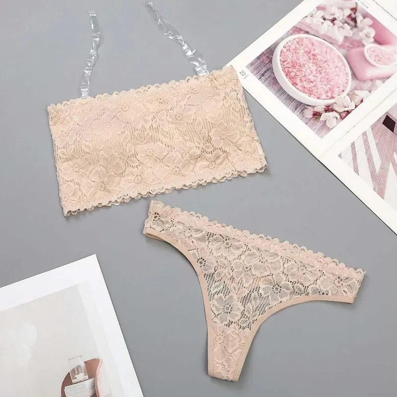 Lace Sheer Flower Thong Bra Set Invisible Straps Embroidery Floral Panties Bra Kit Lingerie Hollow Underwear for Women — image 2