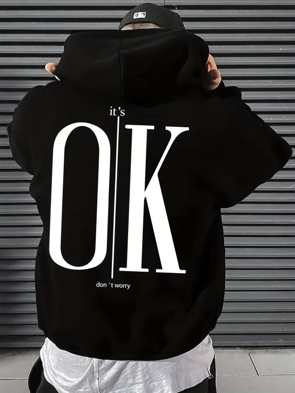 Men Hoodie It's OK Don't Worry Letter Print Oversized Casual Streetwear Loose Casual Long Sleeve Pullover Streetwer Tops — image 10
