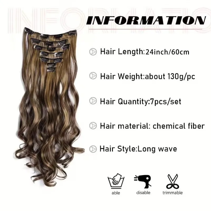 7pcs/set 24 Inch Synthetic Long Curly Wavy Hair Extensions 16 Clips In Hairpieces Synthetic Fiber Wave Hair Extensions for Women — image 3