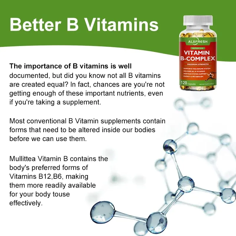 B-Komplex-Vitaminpräparate (B12 B1 B2 B3 B5 B6 B9 Folsäure und Biotin) zur Linderung von Stress, Stimmung und Unterstützung des Immunsystems