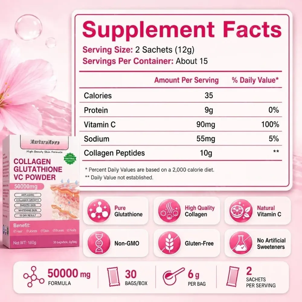 Collagen Peptides Glutathione Vitamin C Powder 30 Sachets Marine Collagen Drink Mix for Beauty Wellness Support Adults 180g