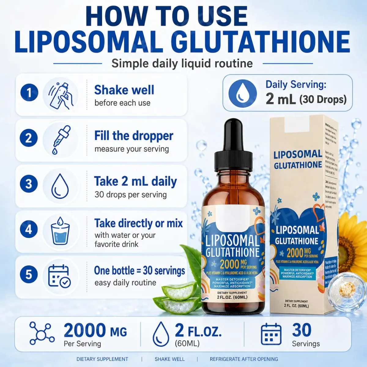 Liposomal Glutathione Liquid Drops 1500mg with Vitamin C Hyaluronic Acid & Aloe Vera for Beauty Glow and Hydration Support
