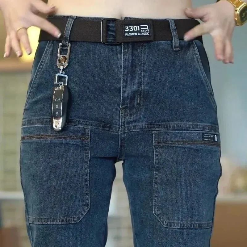 Spring Summer Thin Six Pocket Men's Jeans Elastic Straight Leg Casual Slim Fit Jeans Versatile Multi-Pocket Long Y2K Denim Pants — image 11