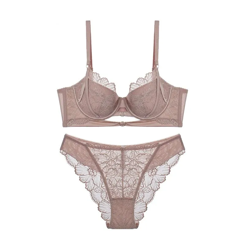 อะนิเมะลูกไม้ชุด Push Up Underwire ญี่ปุ่น Kawaii Hollowed Bralette หน้าอกขนาดเล็กเซ็กซี่ Sheer บางถ้วย Pure Girlish ชุดชั้นในชุด