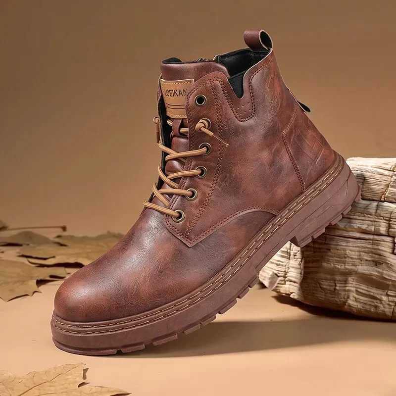 Men High‑top Casual Boots Faux Leather Lace‑up Thick Non‑slip Block Sole Stitched Detail For Urban Street Daily Outing