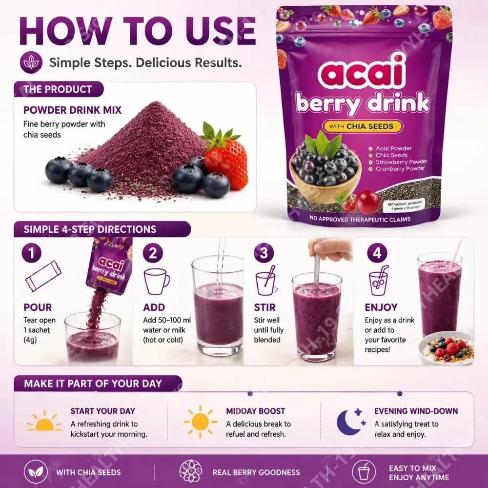 Acai Berry Drink Pulver med Chiafrön Jordgubbstranbär för antioxidant dagligt välbefinnande och immunförsvar Vuxen 40g