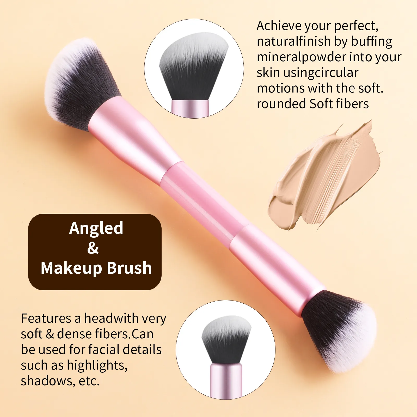 4Pcs Pink Double-Ended Makeup Brushes Set Easy Grip Plastic Handle Eyeshadow & Loose Powder Brushes