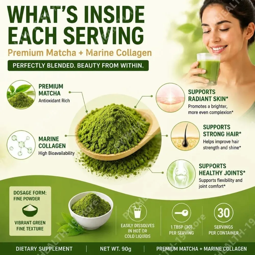 Matcha Collagen Powder Premium Matcha Marine Collagen L-Glutathione For Skin Hair & Joint Wellness Support Formula Adult 90g — image 6