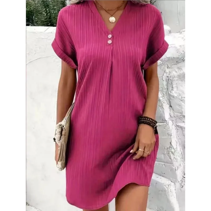 Women's Summer Solid Color Simple Short-Sleeve V-Neck Shirt Dress Comfortable Casual Elegant Loose-Fit Dress with Button Desig
