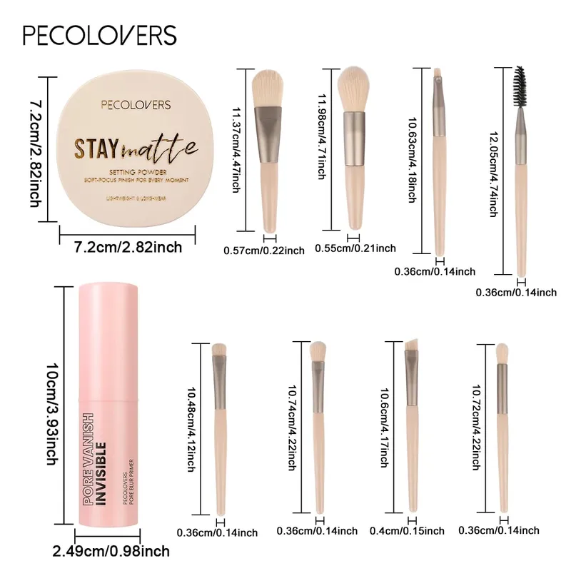 10pcs All‑In‑One Base Makeup Kit Pore Minimizing Primer Stick Matte Setting Powder And 8Pcs Professional Makeup Brushes Set