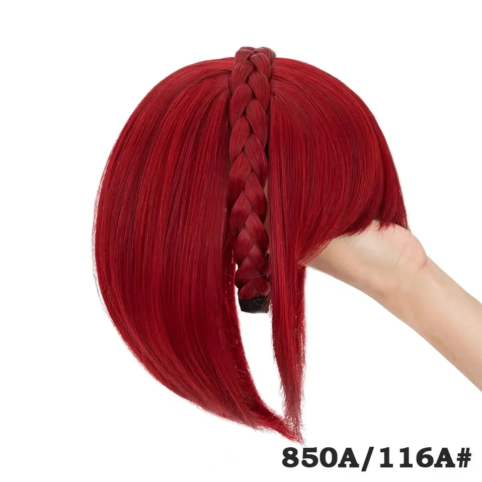 Snoilite 11'' Braided Headband with Clip-In Hair Topper With Bangs Natural Look Synthetic Straight Hair Extensions for Women 92g