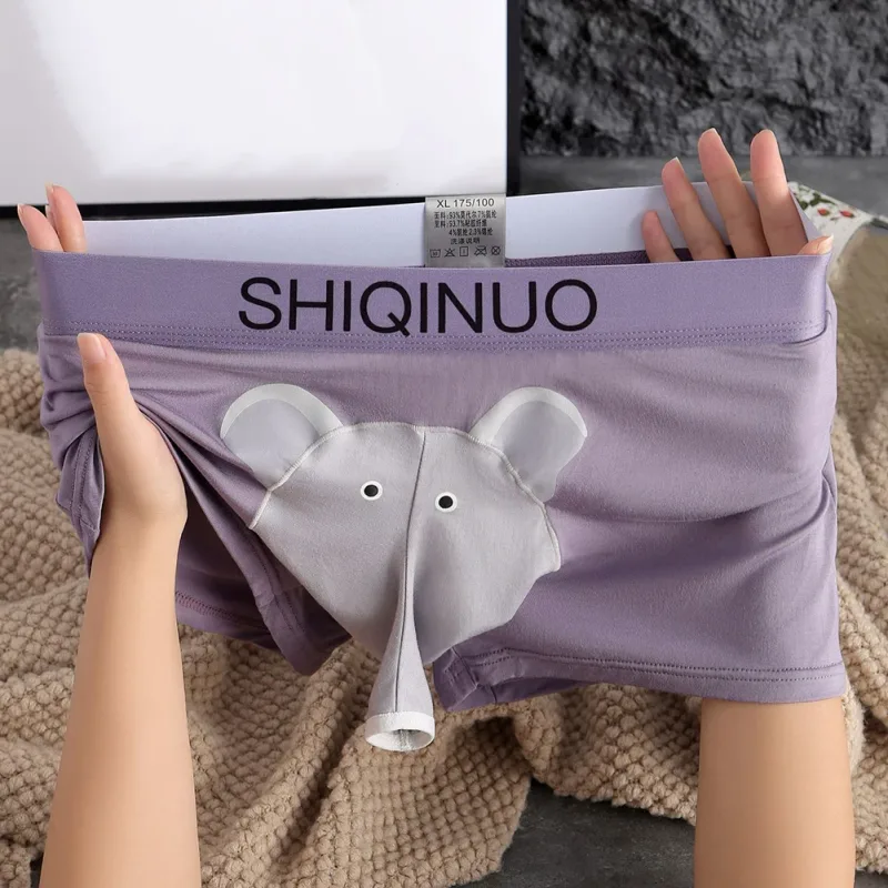 Herren-Boxershorts mit süßem Elefantenmuster, elastisch, mit Buchstaben-Taille, 3D-Beutel, weich, atmungsaktiv, für den täglichen Schlaf, zu Hause, lässig, bequem, Unterwäsche
