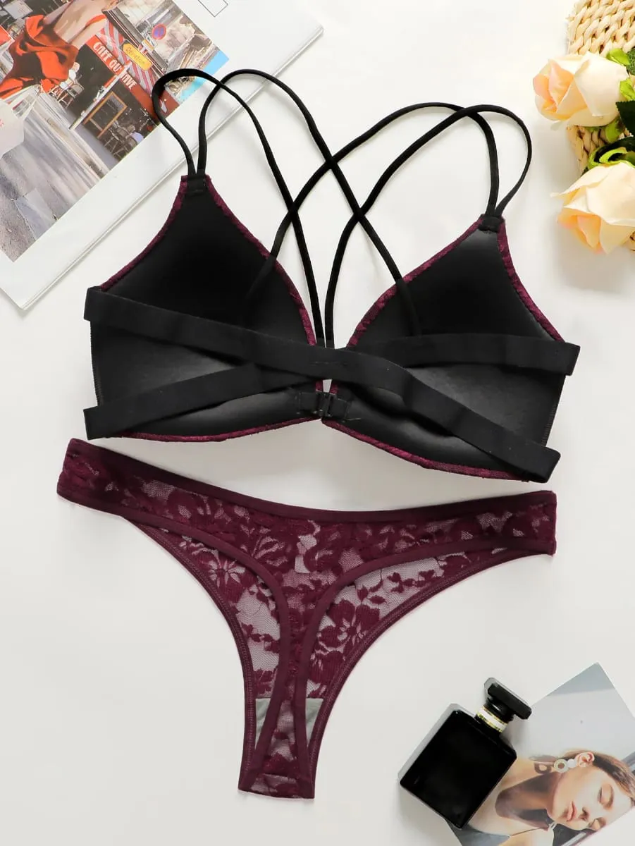 Sexy Burgundy Red Lace Wireless Front Closure Bra Set Push Up Padded Bralette & G-string Women Romantic Lingerie Set 70B-85B — image 2