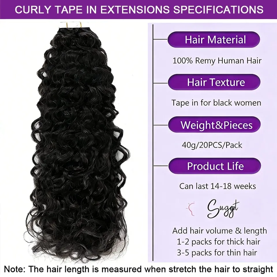 Deep Wave Curly Tape in Hair Extensions 100% Brazilian Human Hair Adhesive Tape on Extensions Human Hair Natural Black 16-26inch