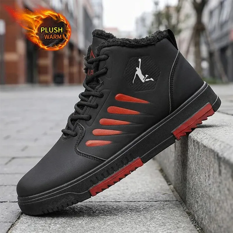 Men Winter Fleece Lined High‑top Sneakers Lace‑up Leather Upper Non‑slip Sole Warm Casual Skate Shoes For Daily Wear