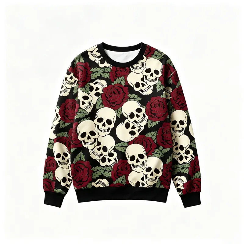 Felpa con stampa scheletro rosa stile gotico Felpa girocollo casual retrò da uomo Abbigliamento Harajuku Top moda hip-hop di strada