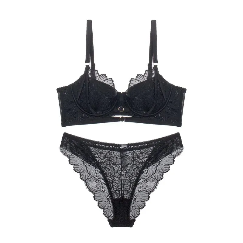 Sexy hollow lace bra set with steel ring thin large breasts show small underwear girls push up ladies lingerie panty