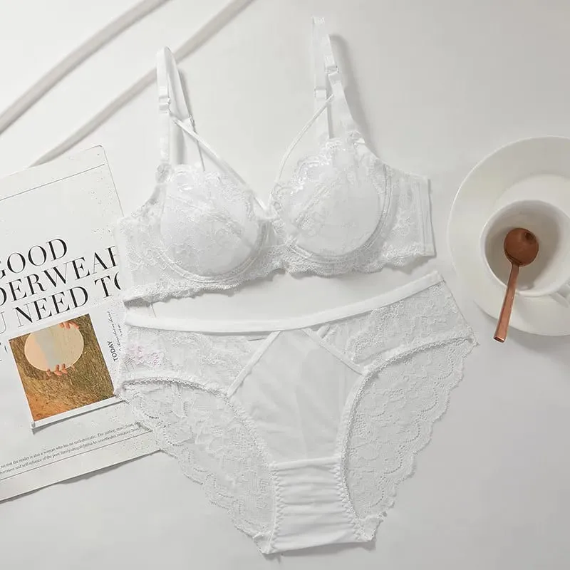 Ladies New Thin Lace Lingerie Set Soft Underwire Bra Push Up Support Bust Minimizing Anti Sagging Soft Comfort Wear 32-42 — image 1