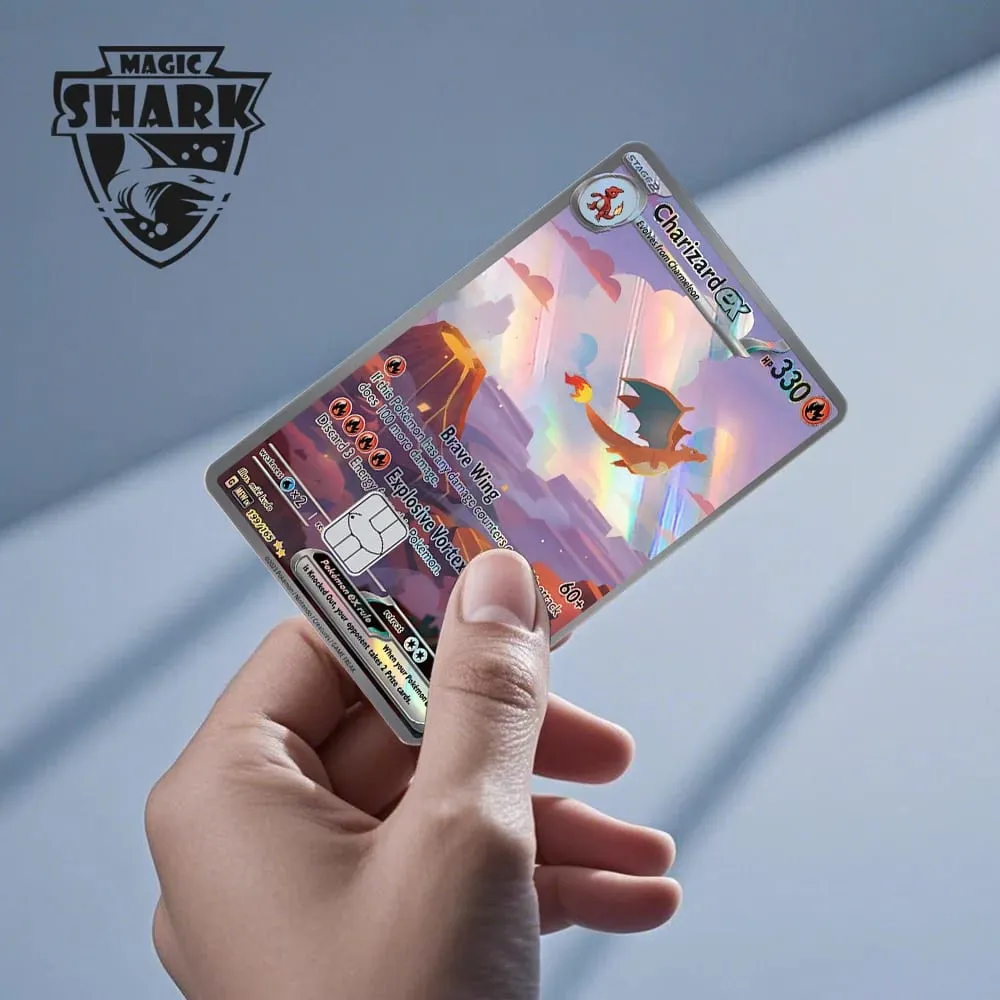 Tubarão mágico mew charizard ex eevee gengar pikachu tcg cartão holográfico laser filme de pele adesivo para cartão de crédito bancário