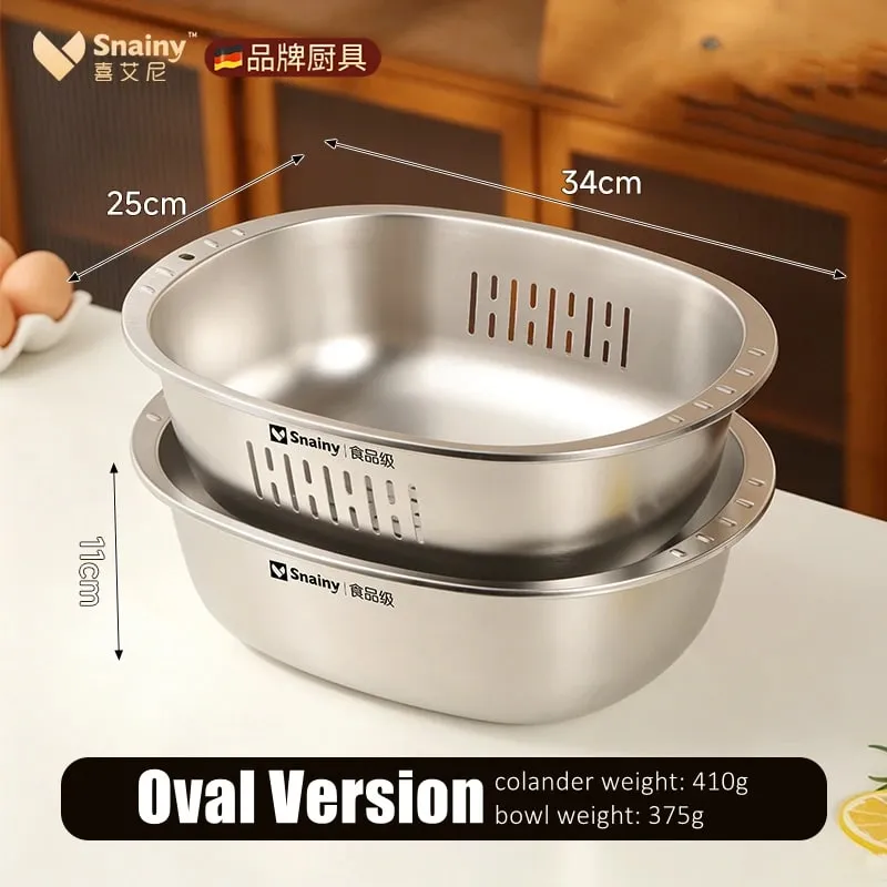 Ultrasonic Polishing Stainless Steel 2 in 1 Bowl and Colander Set Kitchen Fruit and Vegetable Efficient Washing Draing Gadgets