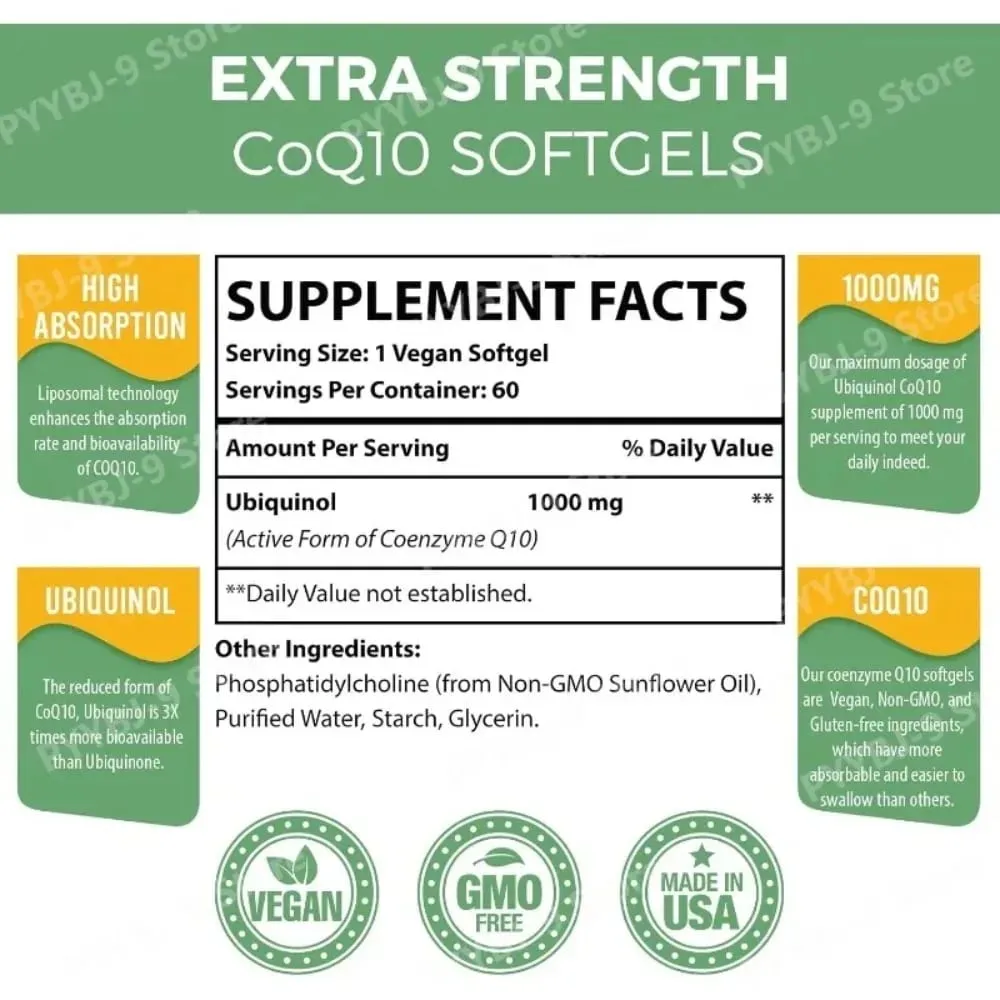 CoQ10 Ubiquinol 1000mg Vegan Softgels 60 Ct Liposomal High Absorption Coenzyme Q10 for Heart Energy Antioxidant Daily Support
