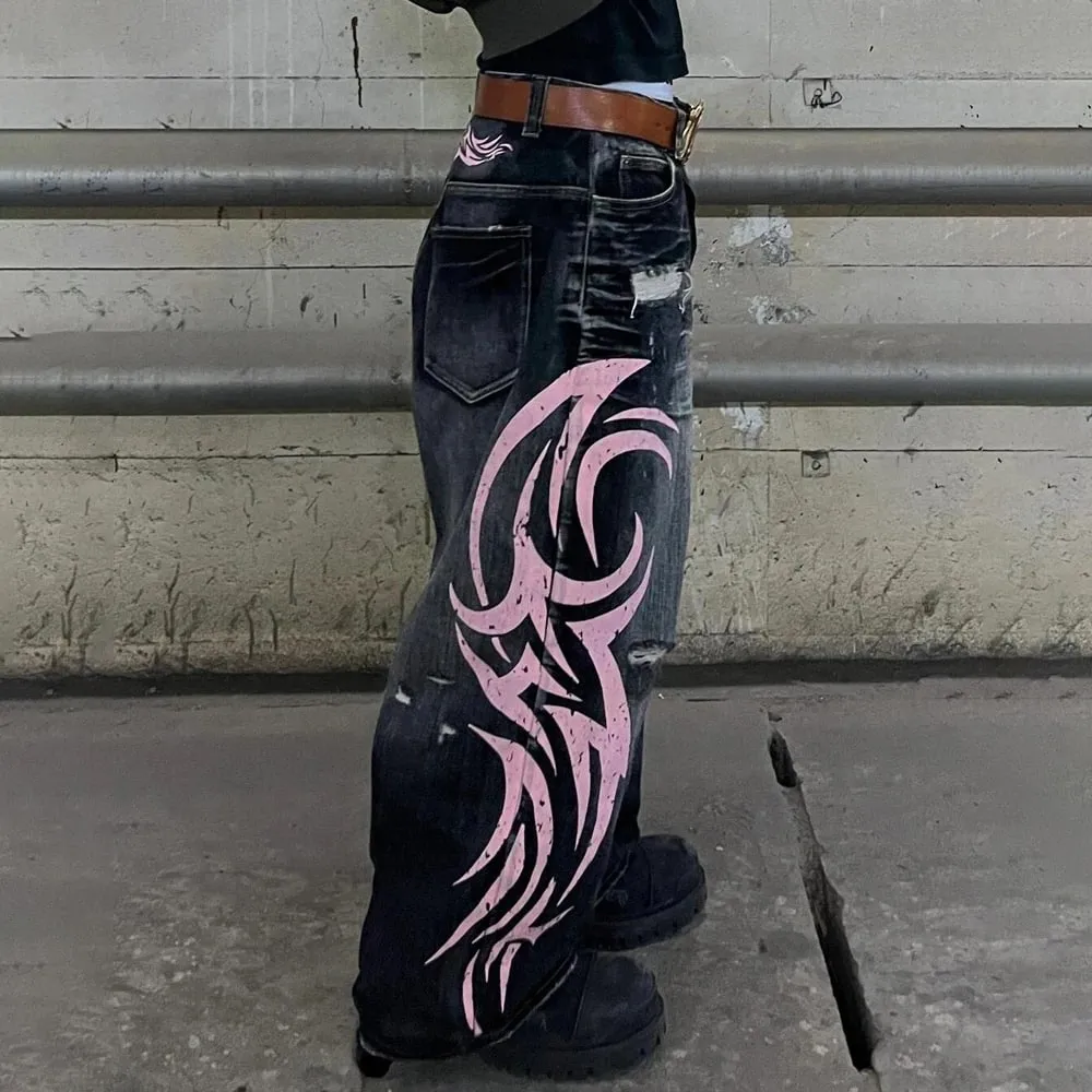 Men's Mottled Totem Print Jeans American Style Old Washed Wide Leg Retro Loose Fashion Trend Wide Leg Jeans Goth Pant Y2K Unisex