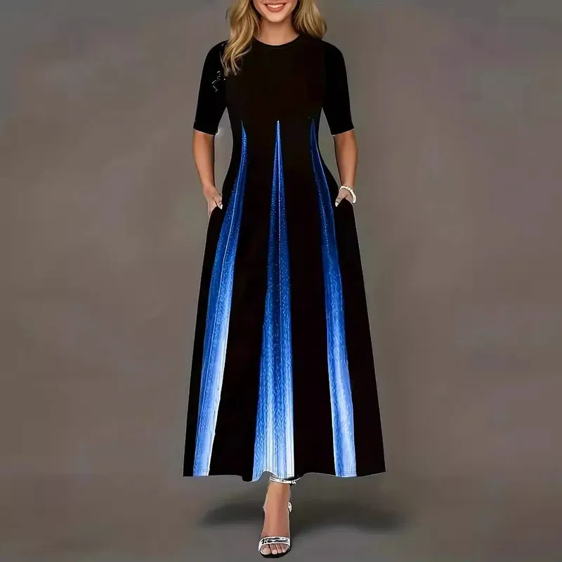Summer new gradient vertical print dress with round neck loose sleeves slimming temperament long skirt