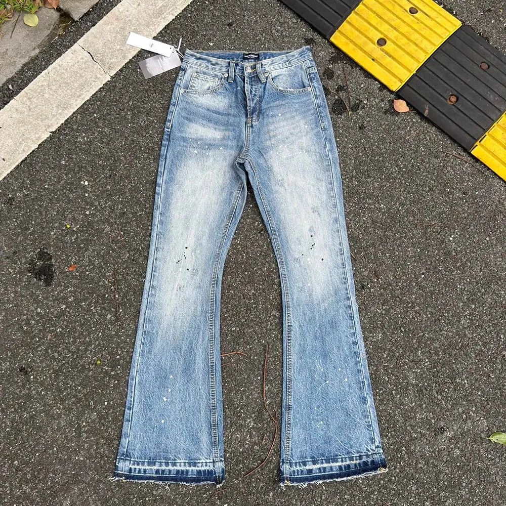 Heavy water Washed Retro Blue Ink Splatter Micro Flare Denim Pants Mens and Womens Straight Baggy Jeans Trousers Boot Cut
