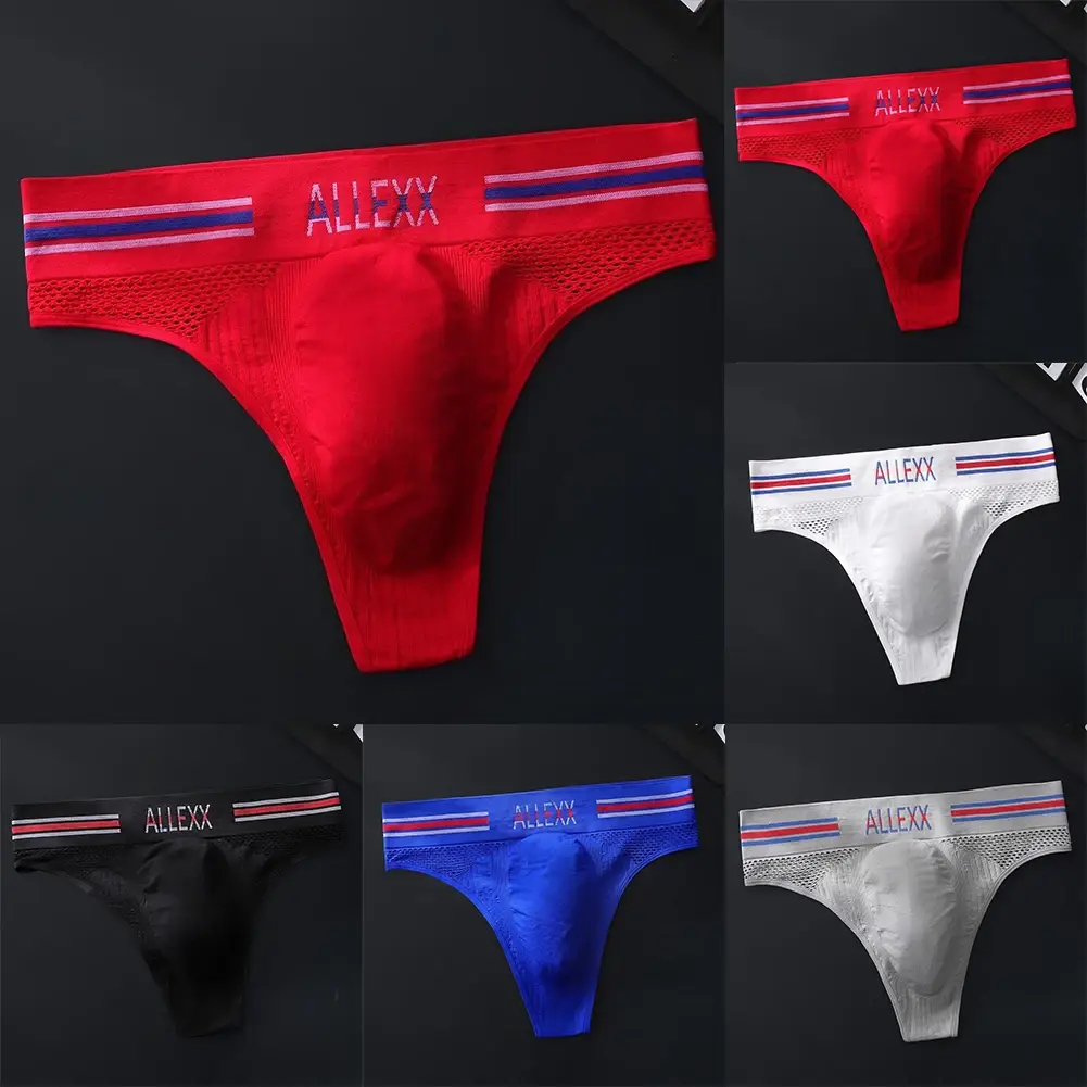 1pc Men's G-String Underwear 3D Bulge Pouch Striped Letter Printing Briefs Elastic Mesh Breathable Comfortable Thongs — image 14