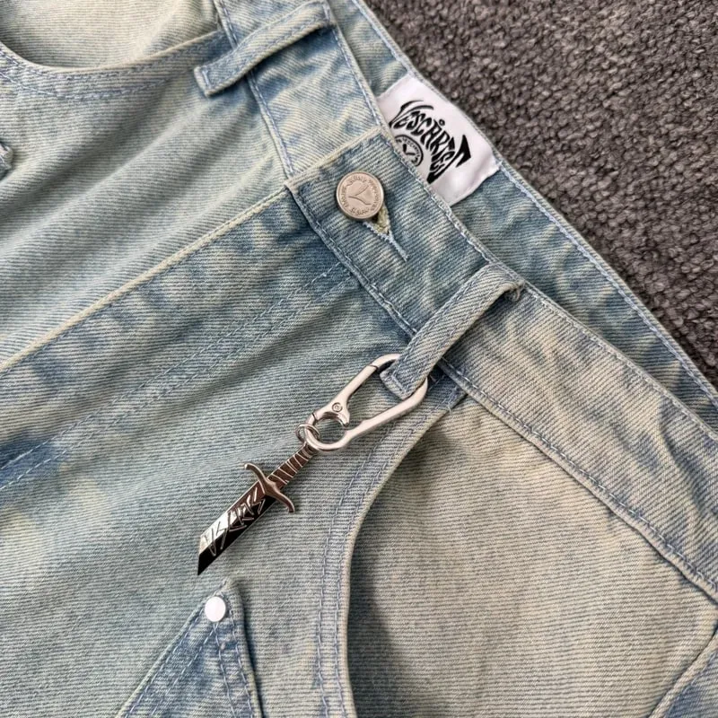 Blue Vescartes Cherry Blossom Knight Loose Straight Jeans High Quality Men Women Streetwear Fashion Denim Trousers Leather Label — image 3
