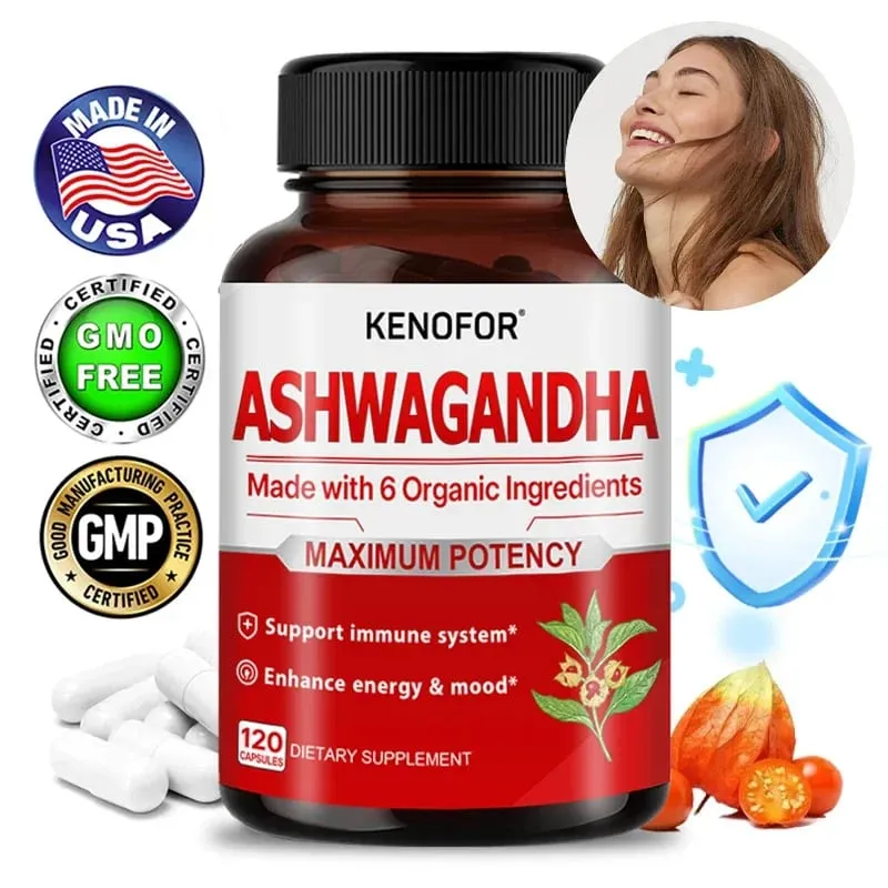 Økologisk Ashwagandha - 120 vegetabilske kapsler Ren økologisk Ashwagandha-pulver og rodekstrakt - Lindrer stress Forbedrer humøret — image 1