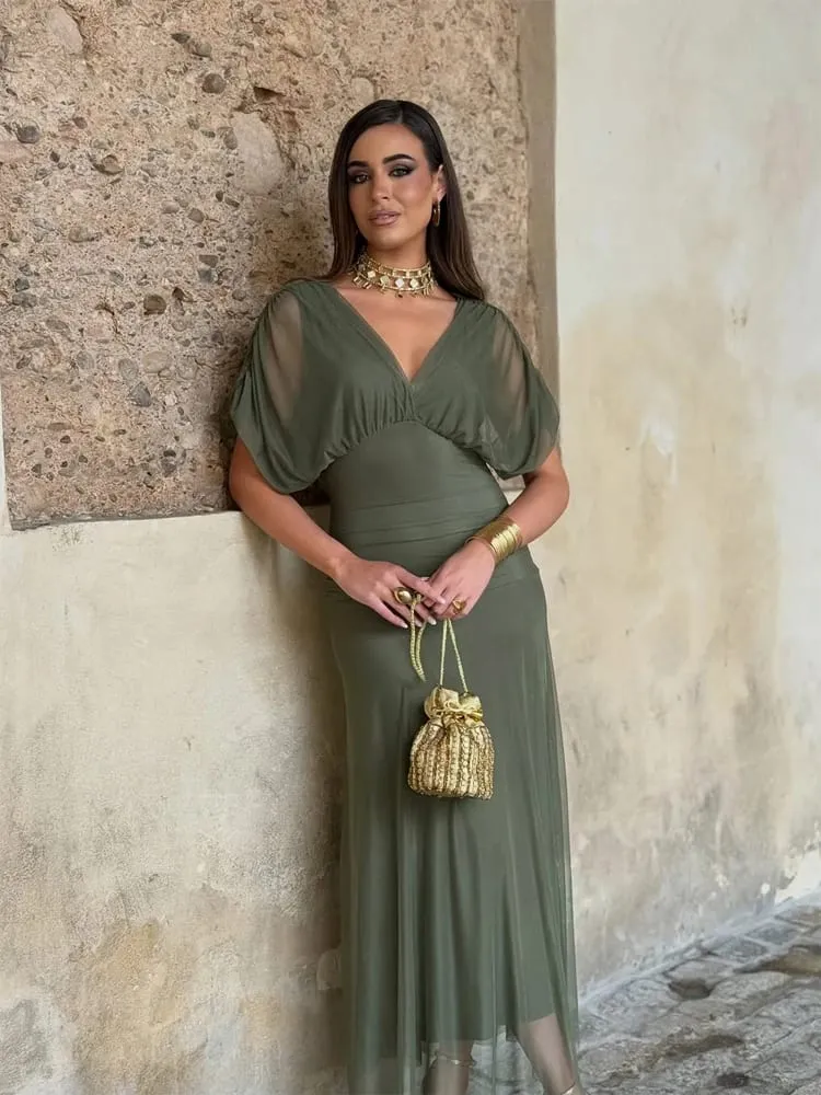 Women Solid Deep V-neck Mesh Long Dress Elegant Puff Short Sleeve Ruched Waist High Vestidos 2026 Summer Lady Casual Street Robe — image 5