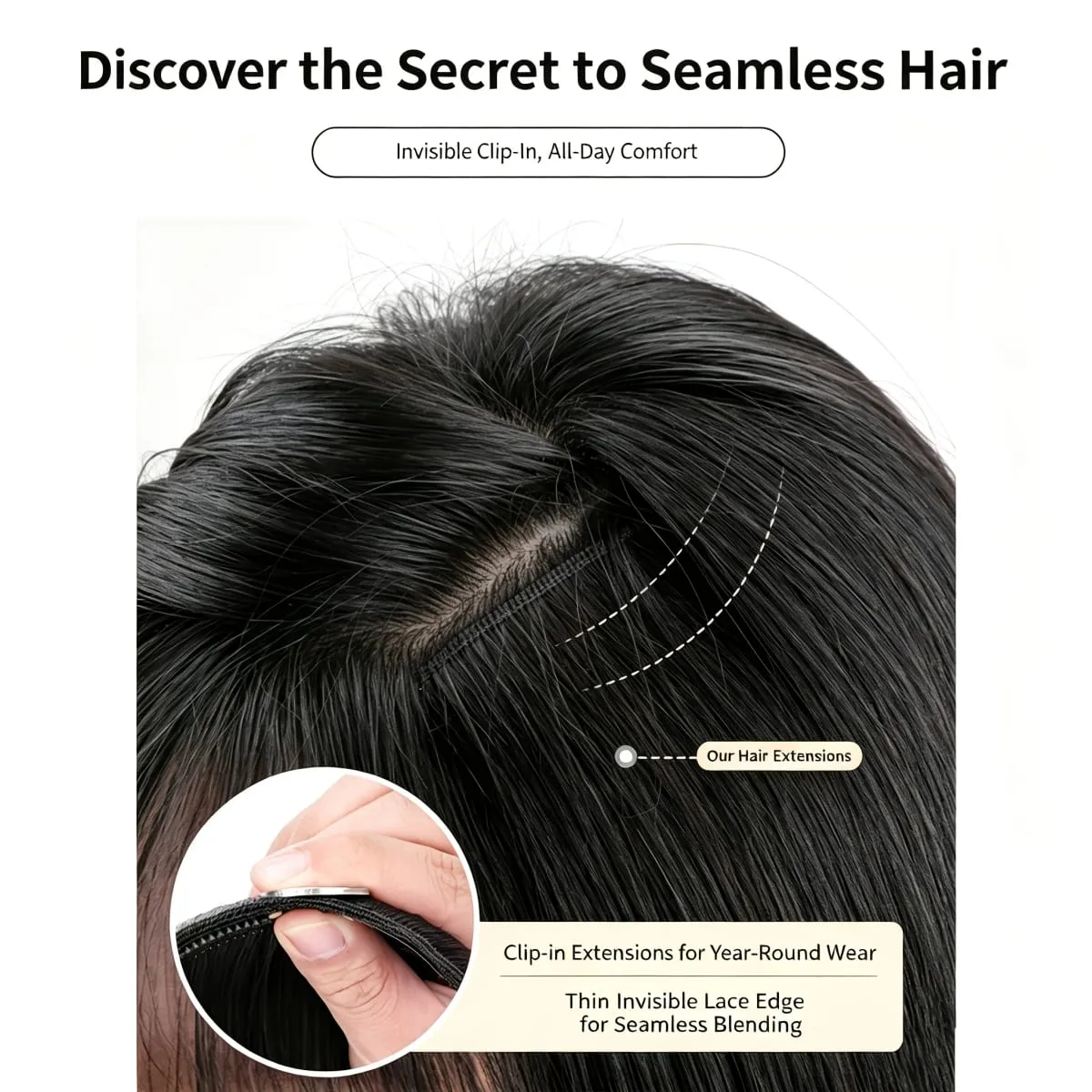 3 Pcs Invisible Seamless Clip in Hair Extensions Straight Synthetic Fiber Breathable Mesh Elastic BB Clips Lightweight Silky Hai — image 3