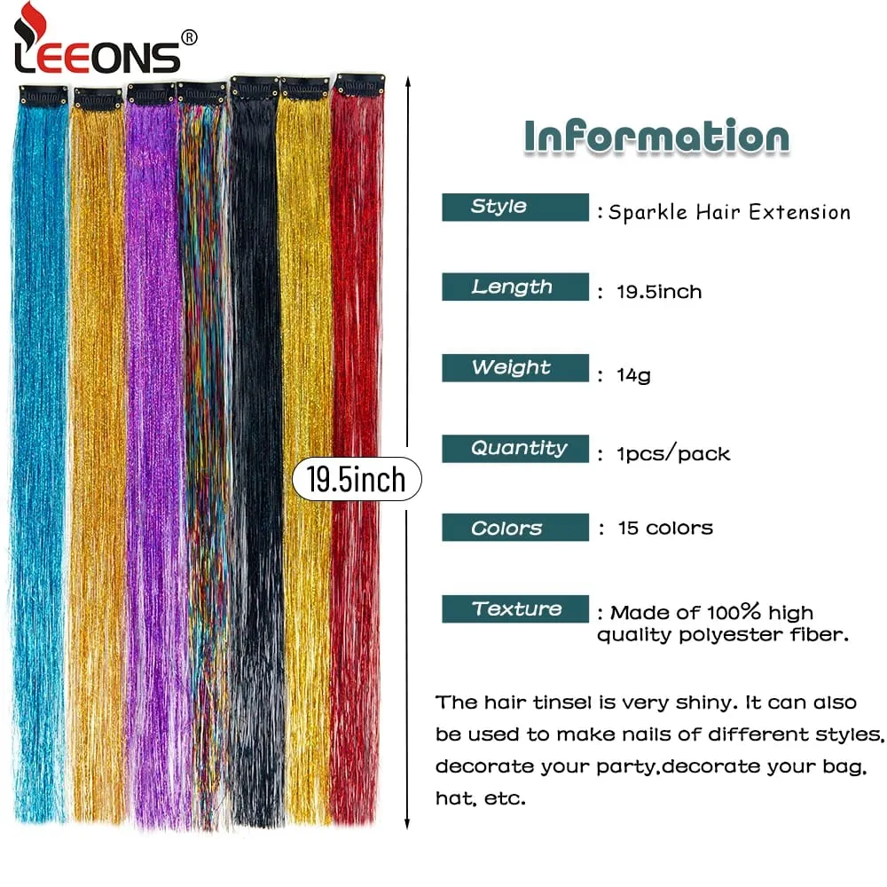 Straight Rainbow Colored Party Highlights Clip On In Hair Extensions Bling Hair Piece Synthetic Hairpieces Sparkling Tinsel Red
