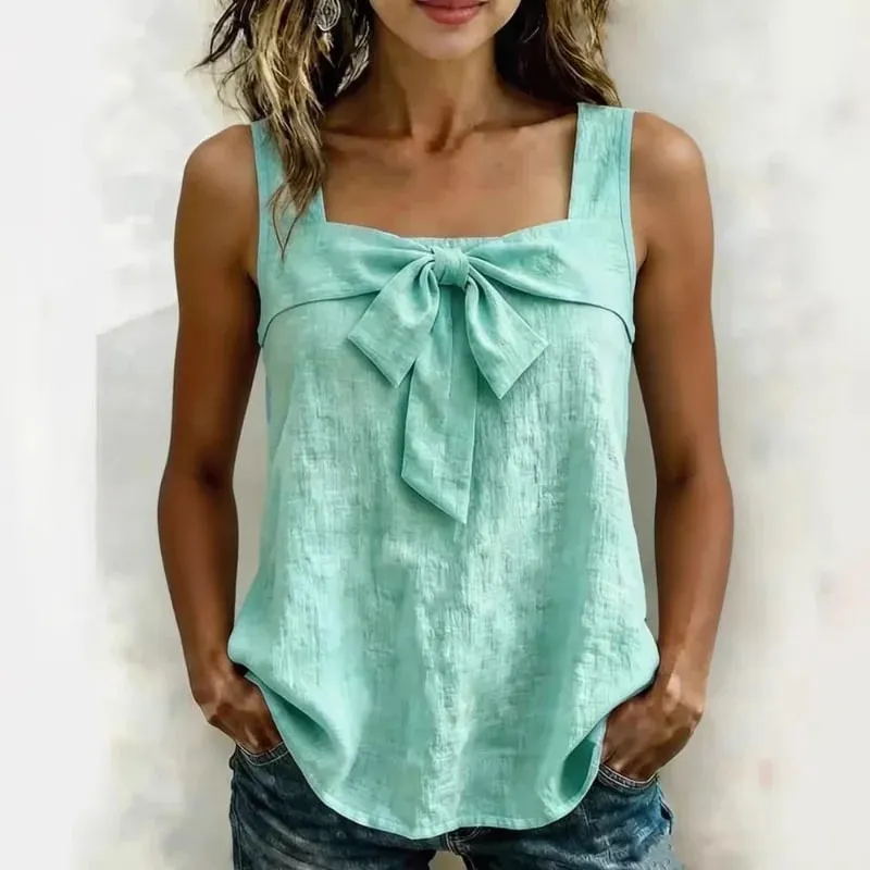 Women Square Neck Sleeveless Tank Tops Front Bow Decor Solid Color Casual Summer Ladies Camisole