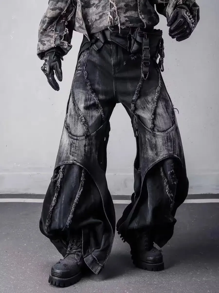 Men's Y2k Baggy Flare Jeans Harajuku Japanese 2000s Style Patchwork Denim Trouser Vintage Oversize Cargo Jeans Pants Clothes