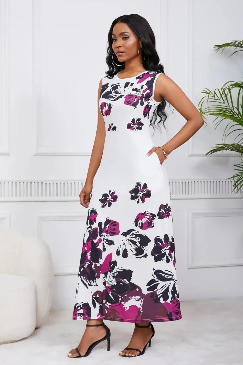 Womens Summer Floral Print Round Neck Casual Beach Floor Length Evening Long A-Line Boho Maxi Dress — image 6