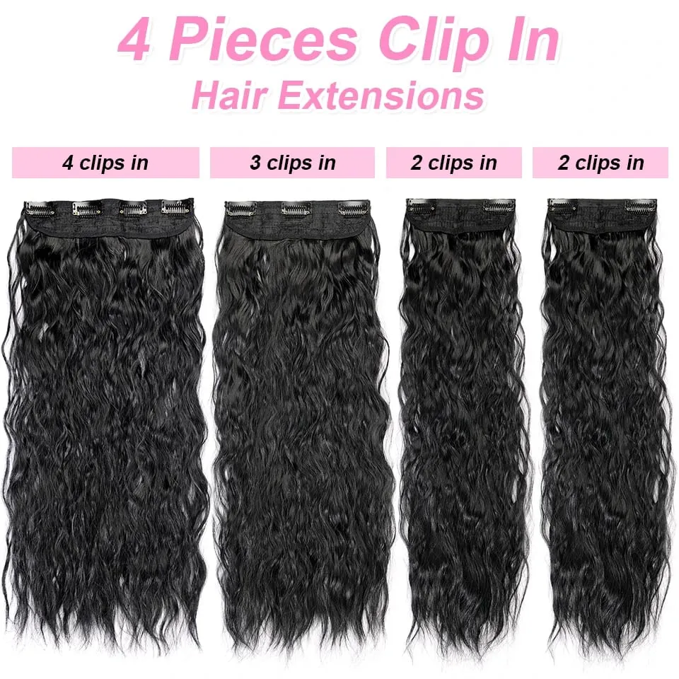 4PCS set Clip in Hair Extensions Natural Black Corn Wavy 20'' Long Curly Thick Synthetic Hairpieces for Women Girls Daily Party