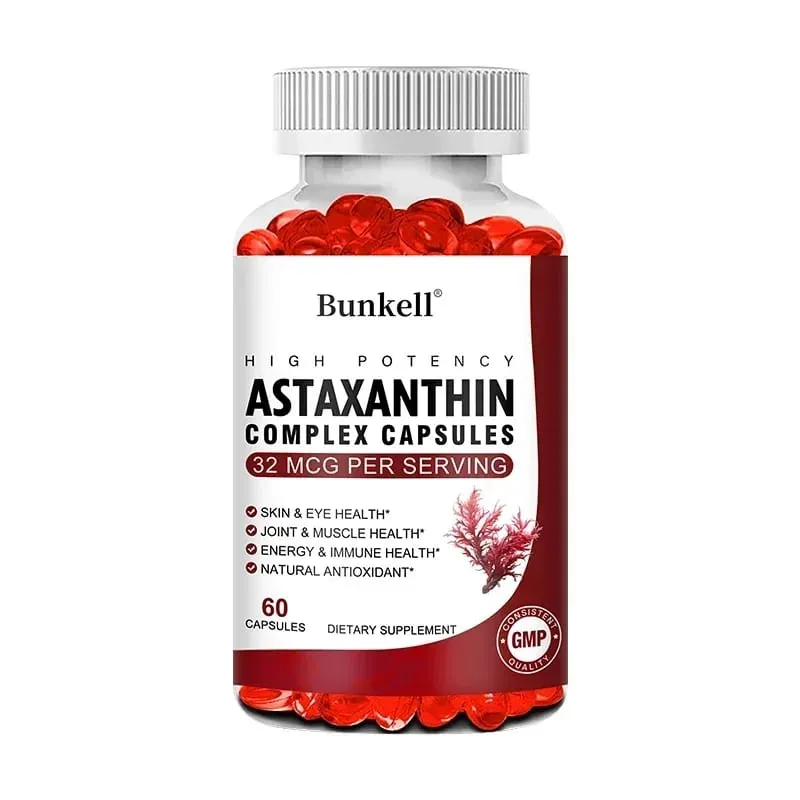 Bunkell Vegan Astaxanthin s rybím olejem a antioxidantem z antratického krilového oleje podporuje oční pokožku a buněčné zdraví Kapsle bez GMO