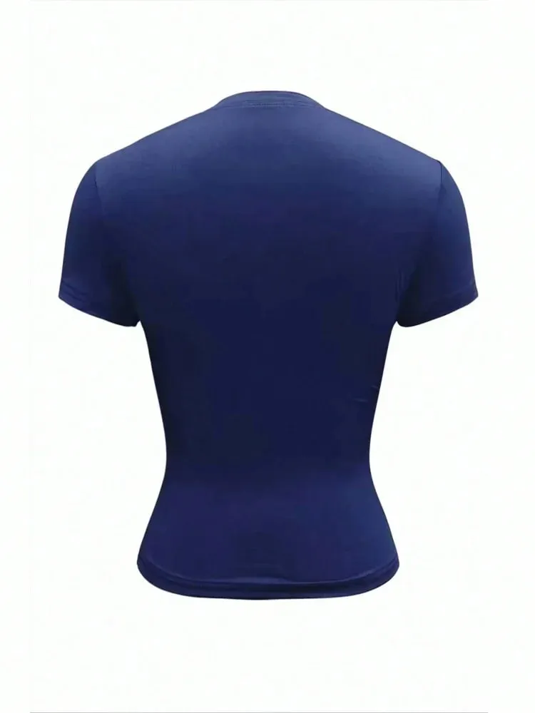Woman Solid Crop Top Short Sleeve Summer Sexy Elegance Leisure Henley Collar Semi Slim Button Navy Blue T-shirt Top