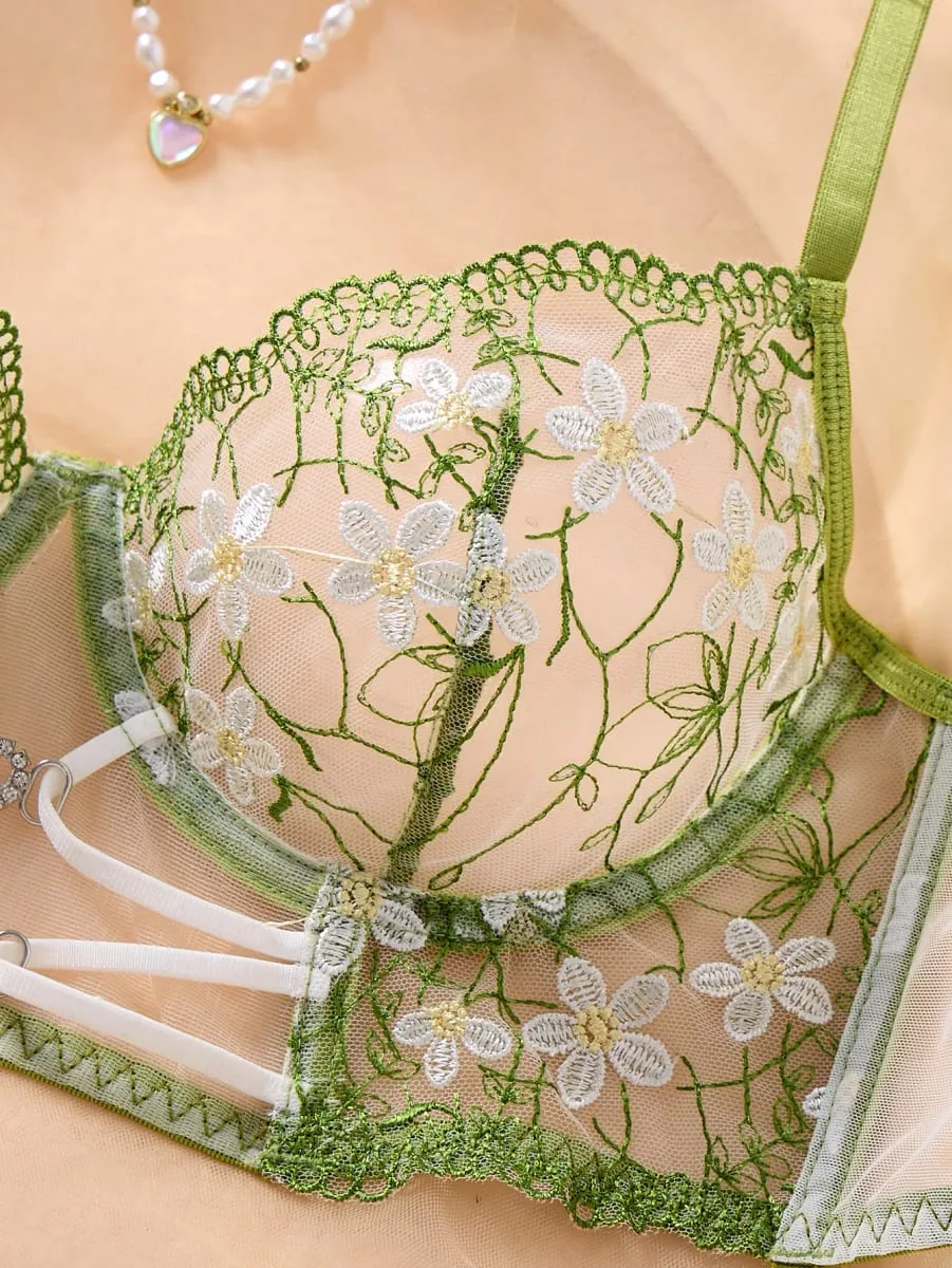 Women Green Daisy Floral Embroidery Lingerie Set Sheer Mesh Heart Metal Buckle Underwire Bra & Thong 2‑Piece Intimate Underwear — image 2