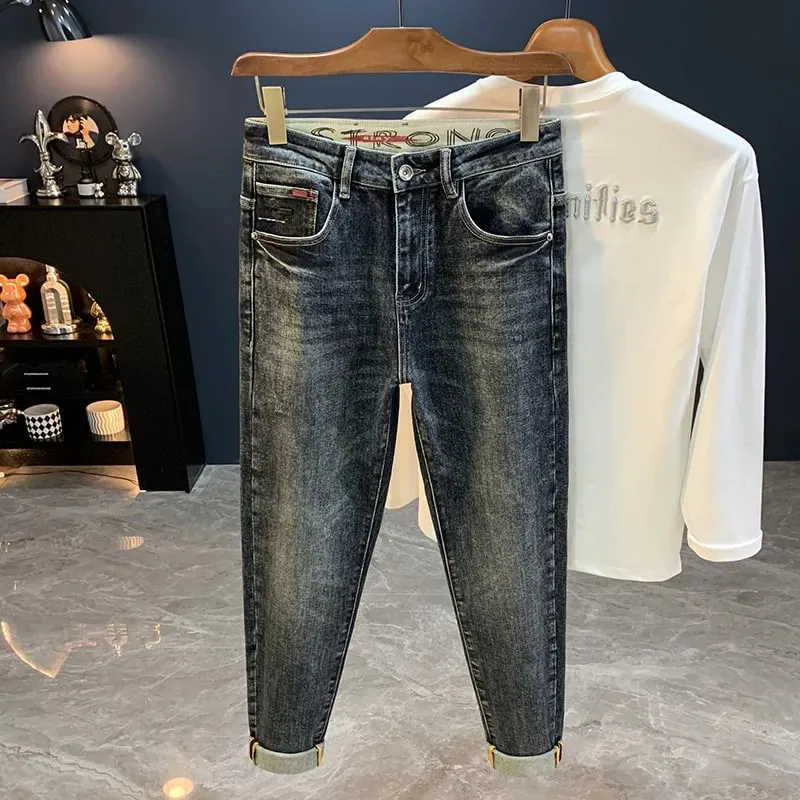 2025 novo micro haren cônico jeans para outono masculino na moda versátil casual elástico solto calças de pernas pequenas