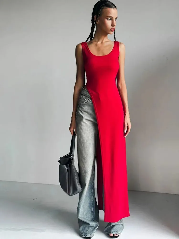 Summer personality trend slim fit solid color street niche irregular asymmetrical hem sleeveless camisole vest dress