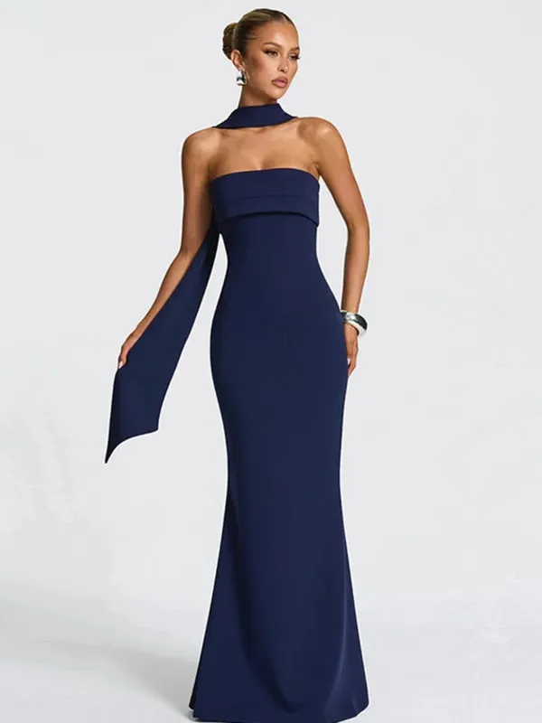Mozision Off-shoulder Strapless Sexy Maxi Dress Women Gown Scarf Collar Sleeveless Backless Bodycon Club Party Evening Dresses